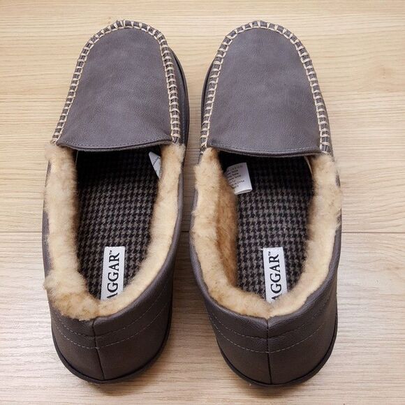HAGGAR Slippers Mens Size 9.5 10.5 Grey Faux Leather Slip On Lined Memory Foam